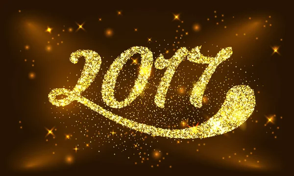С Новым годом 2017 Золотая поздравительная открытка с блестящими золотыми буквами. Праздничный дизайн. Векторная иллюстрация. Плакат вечеринки, поздравительная открытка, баннер или приглашение. Число 2017, сформированное перламутровой золотой пылью — стоковый вектор