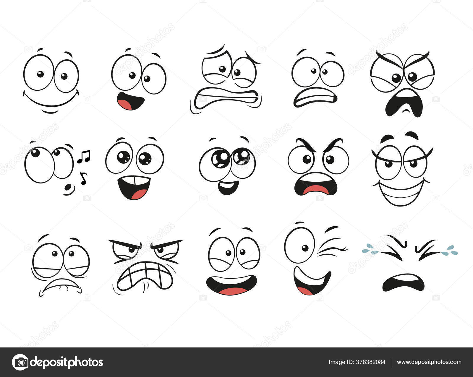 Cartoon facial expressions set. Cartoon faces. Expressive eyes and mouth,  smiling, crying and surprised character face expressions. Caricature comic  emotions or emoticon doodle. Isolated vector Stock Vector Image by  ©nikelser #378382084