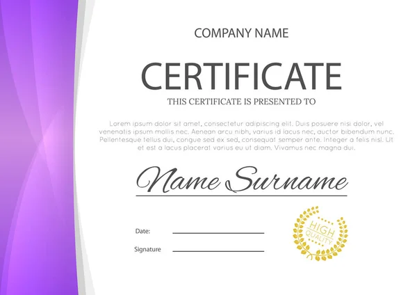 Modern pink or purple violet color certificate or diploma A4 horisontal template design vector illustration mock-up. EPS 10 — Stock Vector