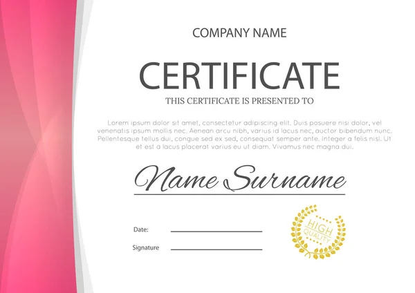 Modern pink color certificate or diploma A4 horisontal template design vector illustration mock-up. EPS 10 — Stock Vector