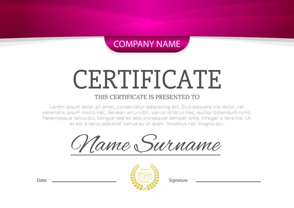 Moderno certificato di colore rosa o viola violetto o diploma A4 modello orizzontale modello disegno vettore illustrazione mock-up. EPS 10 — Vettoriale Stock