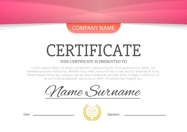 Moderno certificato di colore rosa o diploma A4 modello orizzontale disegno vettoriale illustrazione modello . — Vettoriale Stock