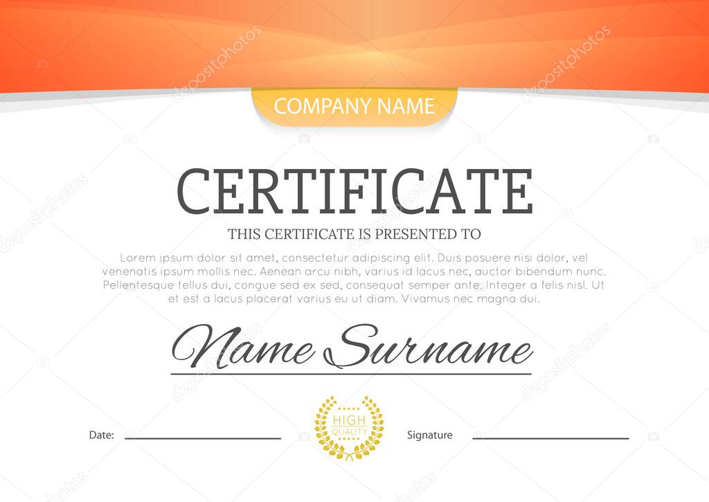Modern ornage color certificate or diploma A4 horisontal template design vector illustration mock-up