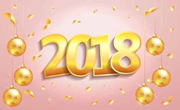 С Новым 2018 годом, элегантный розовый фон искушает золотыми шариками и конфетти с искрой, текстом и сияющими огнями. Rich, VIP, luxury Gold and pink colors. Векторная иллюстрация. EPS — стоковый вектор
