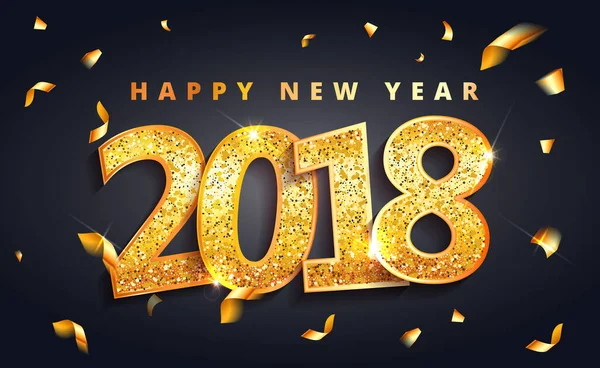 Vektör 2018 Yeni Yıl Siyah zemin, altın renkli metin ve konfeti desenli. Bayram tebrik kartı, davetiye, takvim posteri ve afiş için lüks tasarım şablonu — Stok Vektör