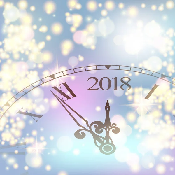 2017 New Year colored shining background with clock. Blured colored flare banner with watch and fireworks. Vector illustration. — Stock Vector