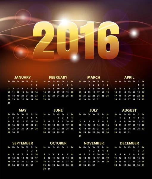 Календарь на 2016 год на абстрактном золотистом фоне. Неделя начинается в воскресенье. Стильный черный векторный шаблон — стоковый вектор