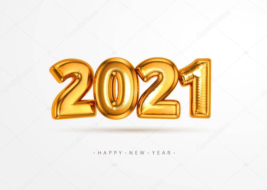 Realistic 3D 2021 gold foil balloon flying in the air isolated on white background. Concept design for christmas and new year decorate element or banner, poster, greeting card