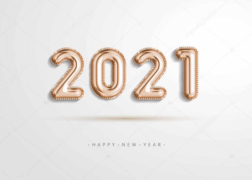 Realistic 2021 gold rose foil balloon flying in the air isolated on white background. Concept design for christmas and new year decorate element or banner, poster, greeting card in illustration.