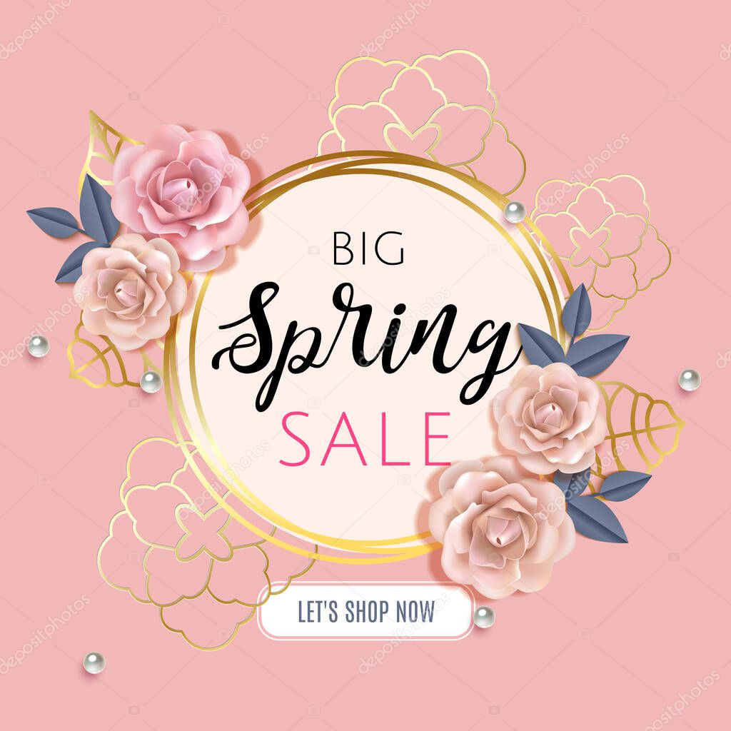 Big Spring sale banner with beautiful flower roses women style,template with background and gold frame. Spring offer ads for e-commerce, on-line cosmetics shop, fashion and beauty shop, store. Vector.