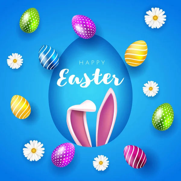 Vector Happy Easter Party Flyer Illusztráció festett tojásokkal, nyúlfülekkel és tipográfiai elemekkel kék háttérben. Tavaszi ünnep ünneplés poszter design sablon. — Stock Vector
