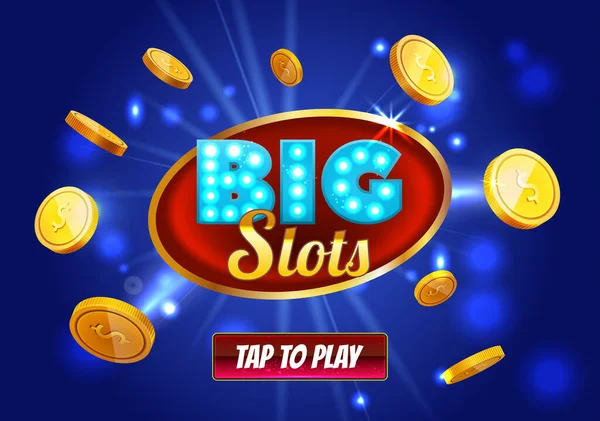 Online Big slots casino banner, tik op om de knop af te spelen. Cyaan mobiele slots logo met vliegende munten, explosie heldere flits, gekleurde advertenties of splash scherm voor spel. Vectorillustratie. — Stockvector