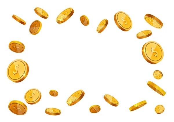 Vektorové zlaté mince létající rám izolované na bílém v různých pozicích s místem pro text. Padající mince, cena, výhry v hotovosti, loterie, poker sloty na pozadí. — Stockový vektor