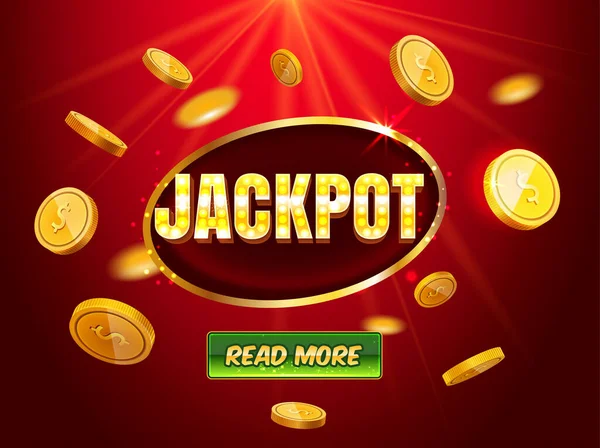 Jackpot casino banner, läs mer knapp. Röda mobila slots Stor vinst bakgrund mall med flygande mynt, retro glödlampa stil, färgade annonser eller stänk skärm för spel. Vektorillustration. EPS 10. — Stock vektor