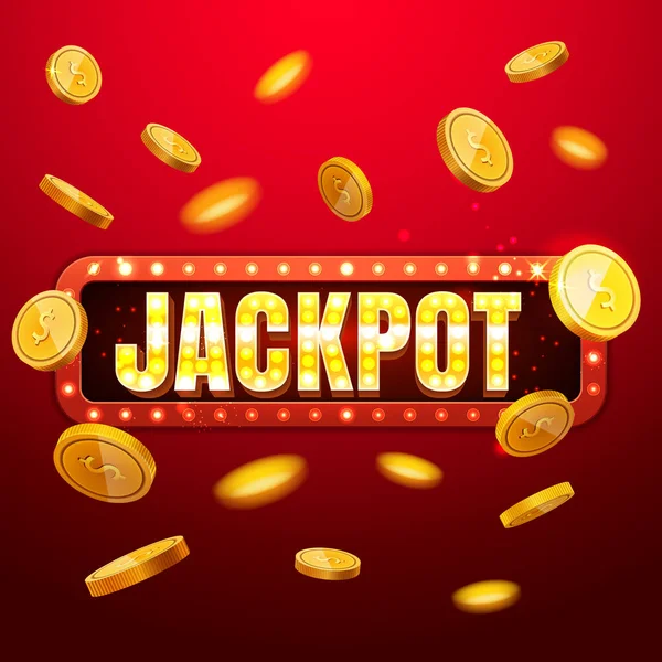 Jackpot Casino Banner, lesen Sie mehr Taste. Rote mobile Spielautomaten Big win Hintergrundvorlage mit fliegenden Münzen, Retro-Glühbirnen Stil, farbige Werbung oder Spritzschutz für Spiel. Vektorillustration. — Stockvektor