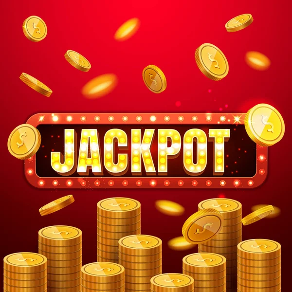 Jackpot casino banner, läs mer knapp. Röda mobila slots Stor vinst bakgrund mall med flygande mynt, retro glödlampa stil, färgade annonser eller stänk skärm för spel. Vektorillustration. — Stock vektor