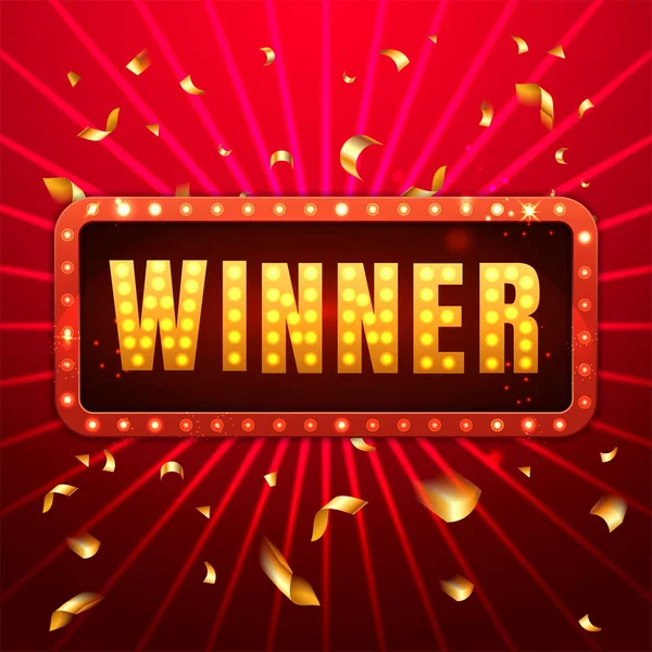 Winnaar rode retro banner met gloeiende lampen. Win felicitatie vintage frame, gouden gloeilamp frame teken met goud confetti. Winnaar loterij, casino spel jackpot prijs logo vector achtergrond — Stockvector