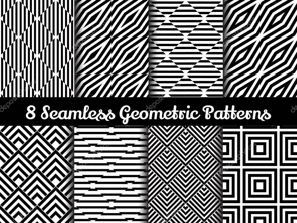 collection of black and white geometric seamless pattern. 8 seamless pattern set vector illustration