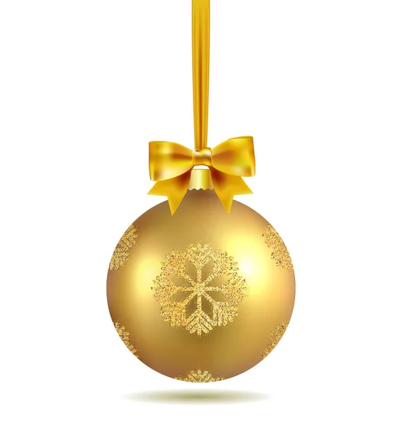 Goldene Weihnachtskugel mit Schleife und Schleife und Schneeflocken, isoliert auf weißem Hintergrund. Vorlage der matt realistischen Weihnachtskugel. Stapelelement Weihnachtsdekoration. Isoliertes Objekt. Vektor. — Stockvektor