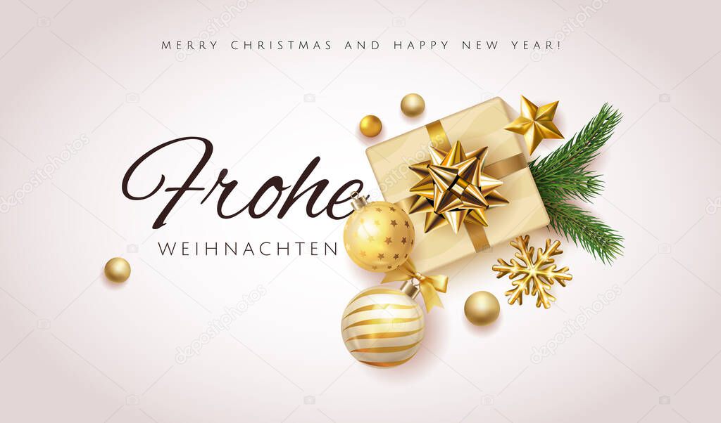 Christmas design with white background, gold gift box with stars, christmas ball and snowflakes. German text Frohe Weihnachten. Merry Christmas and Happy New Year greeting. card or banner, sale promo