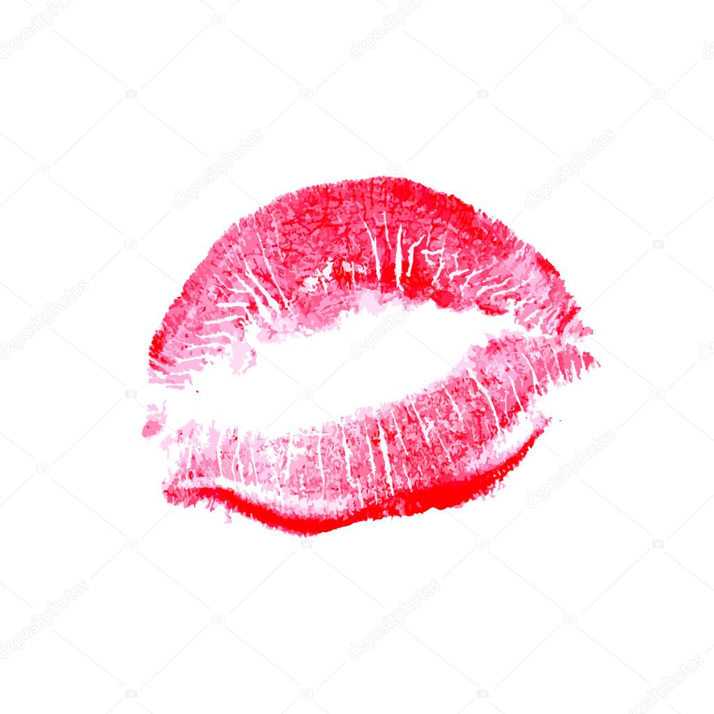Red lipstick kiss on white background. Realistic vector trace of red lips print isolated on white background