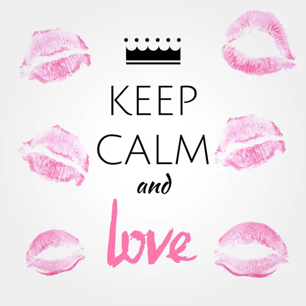 Phrase Keep calm and love, Lettering, auf weißem Hintergrund mit rosa mit dem Aufdruck der Lippen Hintergrund. Kann für Banner, Web, Poster, Druck auf T-Shirts verwendet werden, die täglichen Zitate Leben — Stockvektor