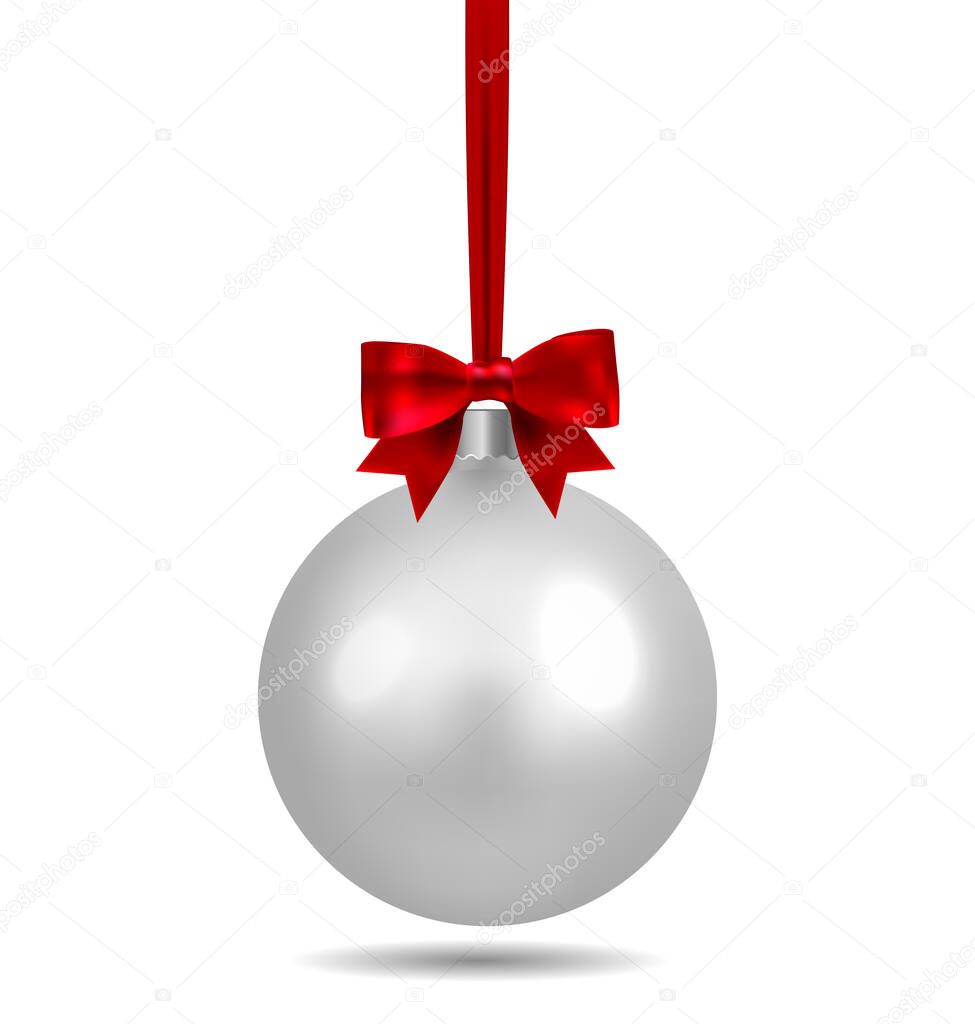 Silver Christmas ball with ribbon and a bow and snowflake isolated on white background. Template of matt realistic Christmas ball. Stocking element christmas decorations. Isolated object. Vector.
