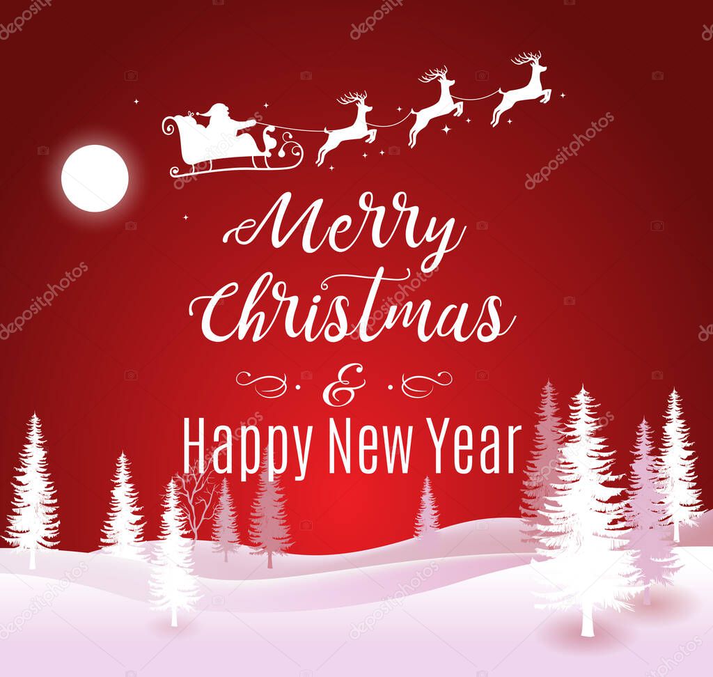 Vector Illustration of Santa Claus Driving in a Sleigh. Merry Christmas and Happy New Year lettering red traditional greeting background