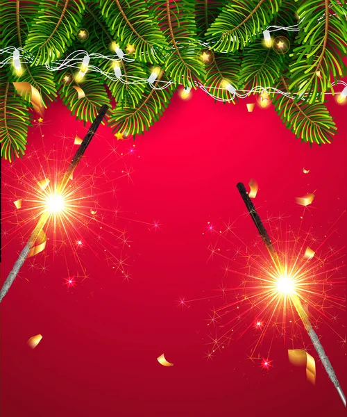 Adornos de decoración dorada de estrellas de brillo, guirnalda y borde del árbol de Navidad sobre fondo rojo decorativo con bengalas. Feliz Navidad y Feliz Año Nuevo plantilla vector fondo de pantalla . — Vector de stock