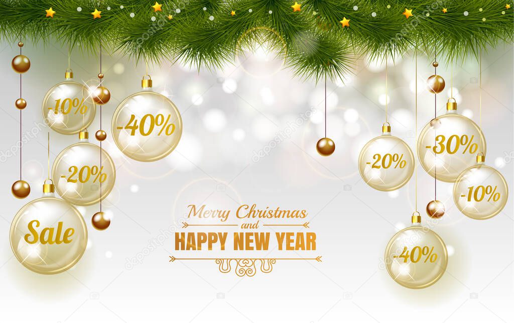 Christmas Elegant gold Design Template of Holiday Sale, Glass christmas balls on white background with snowflake stars and christmas tree, Sale 10 , 20 , 30 , 40 . Merry Christmas and happy new year