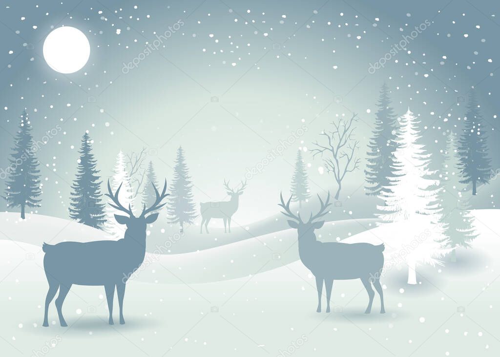 Holiday winter landscape with deer silhouettes. Winter christmas background with fir tree. Merry Christmas handdraw style lettering . Vector illustration.