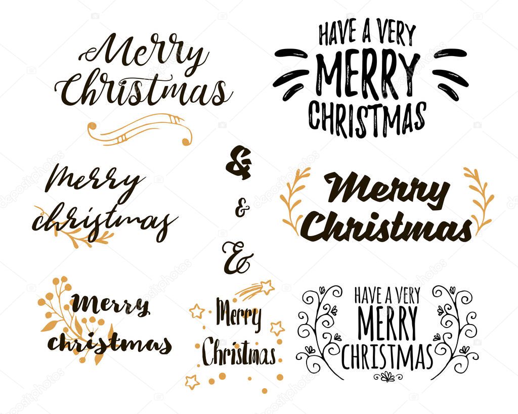 Merry Christmas Lettering Design Set. Collections of beautiful Merry Christmas title for greeting card, flyer, web, banner. Christmas typography set. Vector illustration