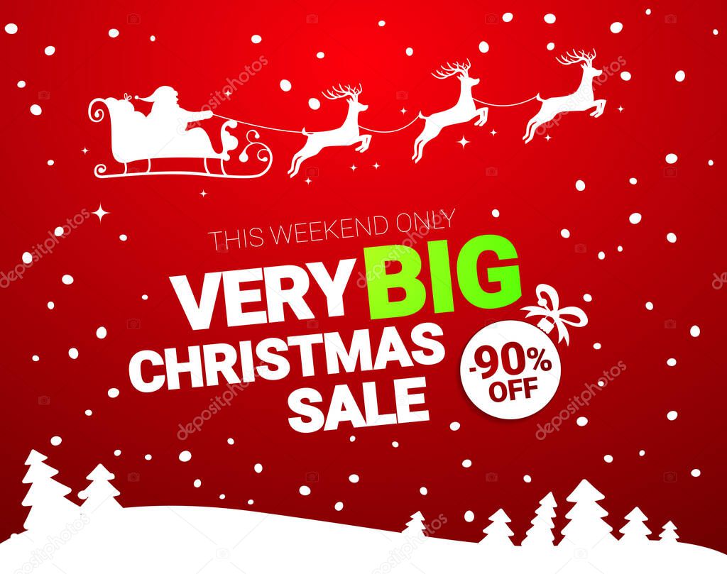 Big Christmas sale. Vector banner with Santa Claus and deers flying up the forest on the red background. Stocking element christmas decorations. Web banner or poster for e-commerce, on-line shop.