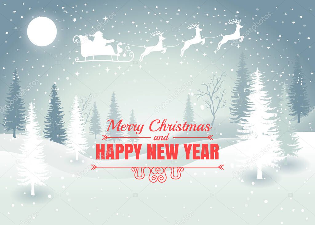 Holiday winter landscape background with Santa Claus on the sky with winter tree. Merry Christmas and Happy New Year. Vector
