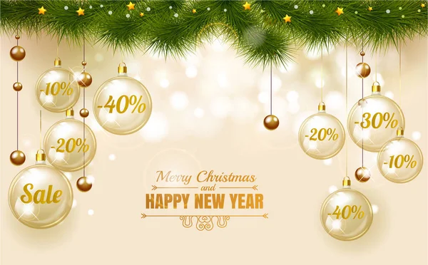 Christmas Elegant gold Design Template of Holiday Sale, Glass christmas balls on white background with snowflake stars and christmas tree, Sale 10 , 20 , 30 , 40 . Merry Christmas and happy new year — Stock Vector