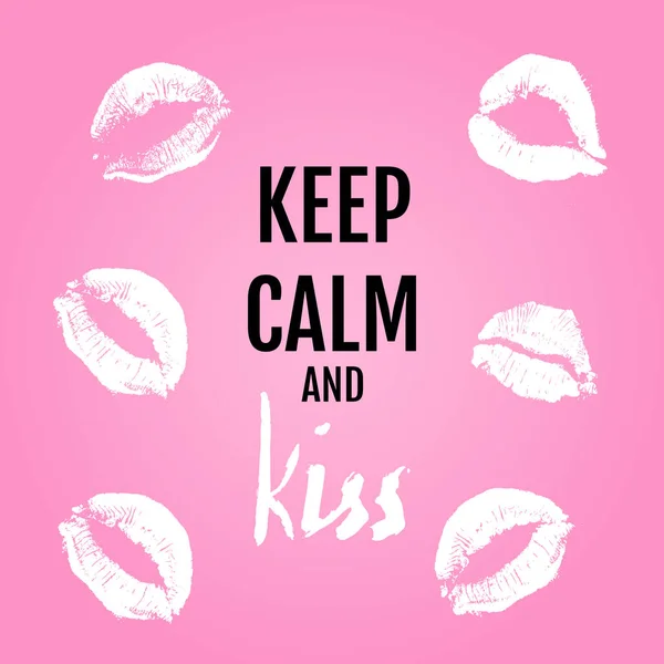 Sakin ol ve öp. Pembe arka planda harfleri olan kadın dudakları. Afişler, web, posterler, tişörtler, günlük alıntılar için kullanılabilir. — Stok Vektör