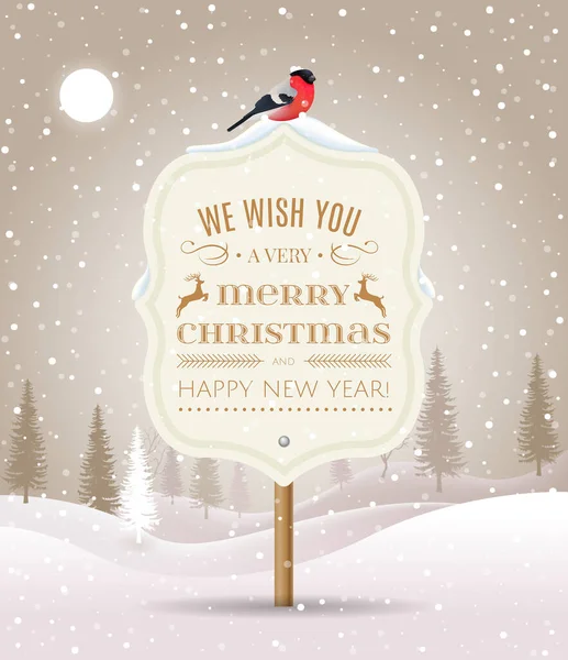 Signboard with Christmas greeting against a winter landscape with snow-covered forest and bullfinch. Holiday winter landscape background with winter tree. Merry Christmas and Happy New Year. — Stock Vector
