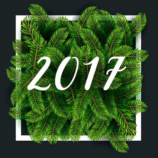 冬のためのフレーム内のモミの木の枝の背景と新年のベクトルの背景新年のレタリングお祝いイラストチラシやポストカードのデザイン。ベクターイラスト. — ストックベクタ