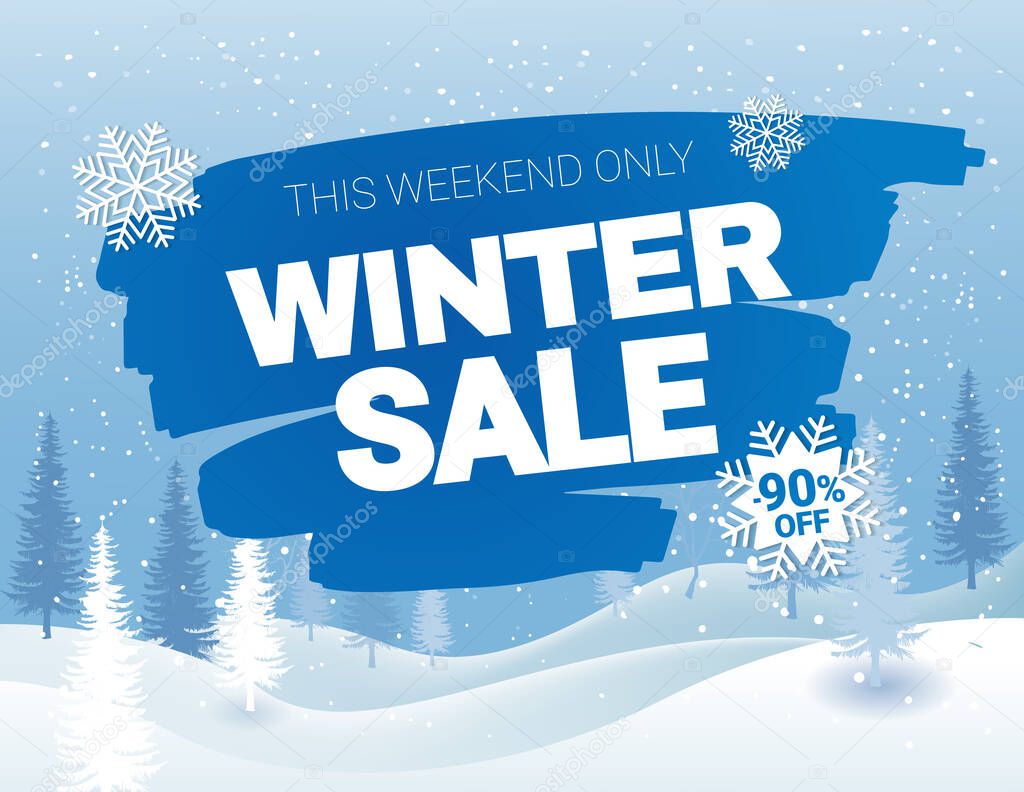 Winter sale banner. Forest winter landscape with blue ink brush stain and snowflakes. Vector illustration