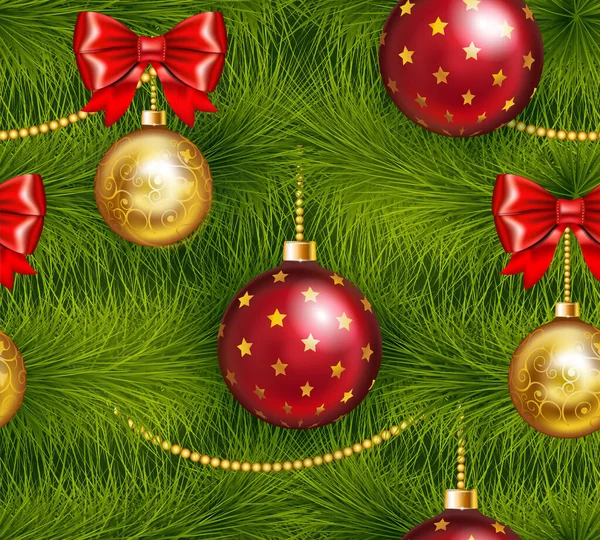 Árbol de Navidad realista sin costuras con la tradicional bola de Navidad roja y dorada, arco y otras decoraciones de Navidad  . — Vector de stock