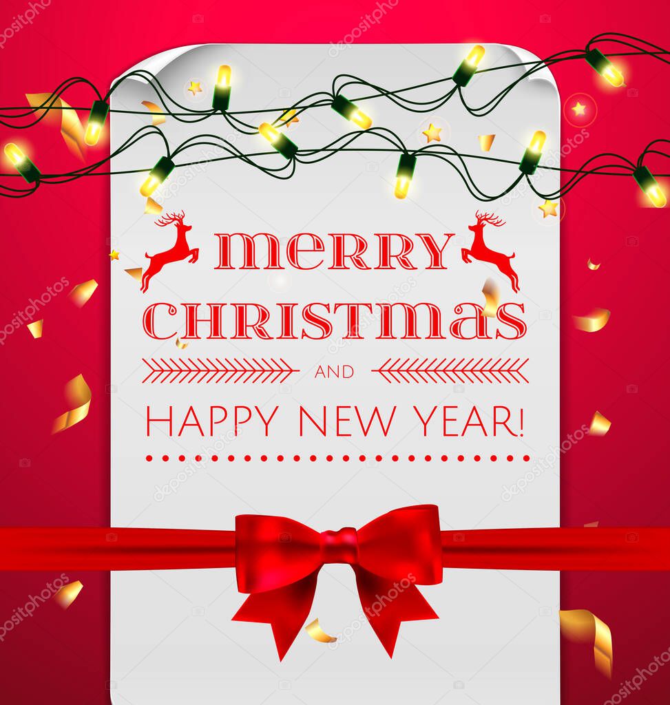 Merry Christmas and Happy New Year, greeting card template. White, curved, paper banner isolated on red decoration holidays background with christmas tree, light garland, gold jingle bells Vector.