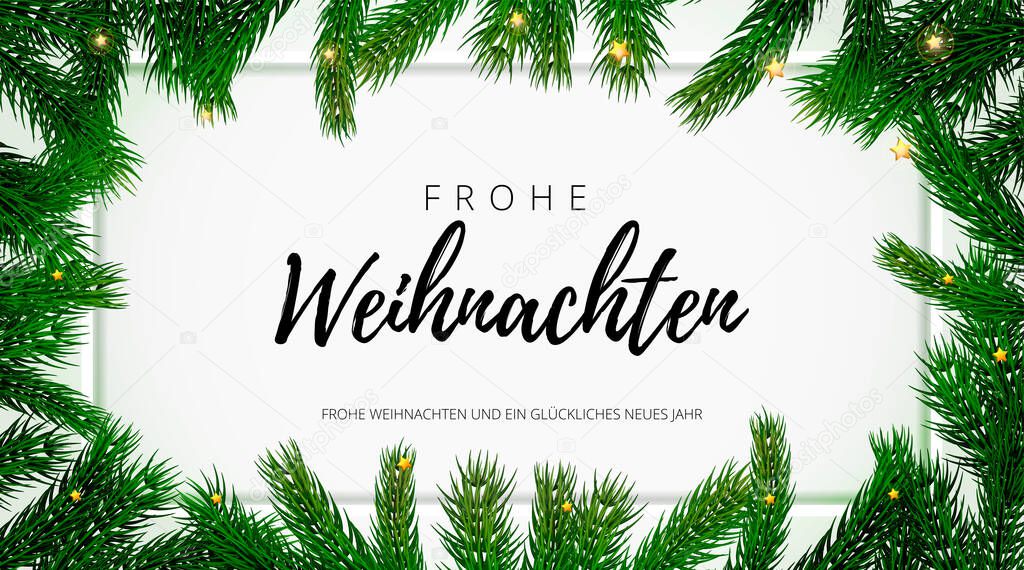 Merry Christmas German holiday greeting card with text calligraphy on Christmas fir tree background template. Vector stock fir branch frame of New Year festive winter decoration on premium frame white