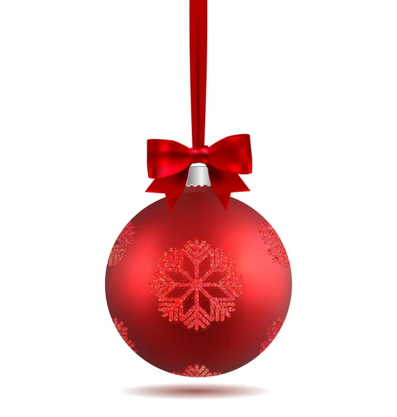 Rote Weihnachtskugel mit Schleife und Schleife und Schneeflocken, isoliert auf weißem Hintergrund. Vorlage der matt realistischen Weihnachtskugel. Stapelelement Weihnachtsdekoration. Isoliertes Objekt. Vektor. — Stockvektor
