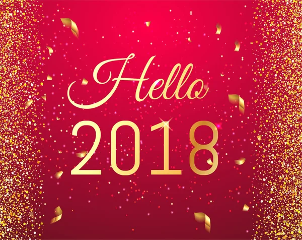 Happy New Year, Hello 2018 red background with shine golden glitter, firework, confetti isolated , typographical text design gold colored, vector elements for calendar and greeting card, invitation — Stock Vector