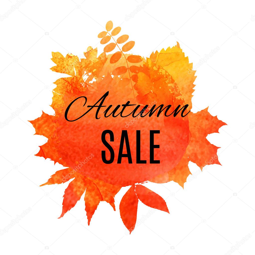 Autumn leaf foliage watercolor .Autumn sale. Fall sale. Web banner or poster for e-commerce, on-line cosmetics shop, fashion beauty shop, store. Vector illustration. EPS 10.