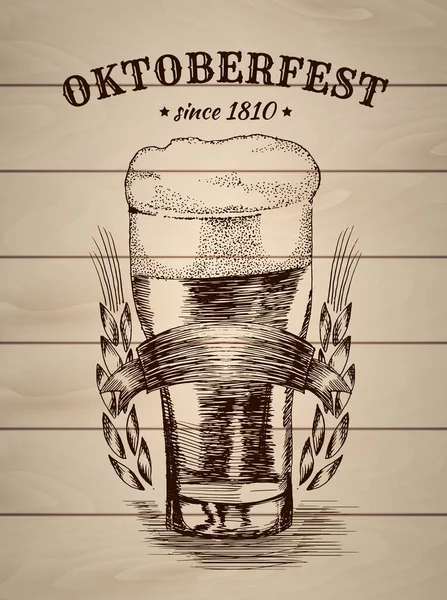 Illustration vectorielle dessinée à la main de tasse de bière. Affiche de bière Oktoberfest affiche vintage avec fond clair en bois. Conception de célébration Oktoberfest, eps10 . — Image vectorielle