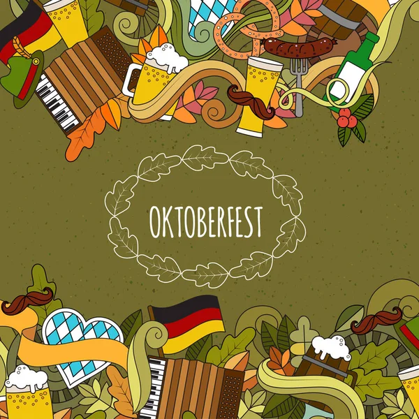 Oktoberfest Cartoon vecteur Doodle dessiné à la main sur le sujet des symboles d'automne de la fête de la bière, de la nourriture et des boissons motif sans couture. Affiche couleur backgrounddoodle . — Image vectorielle