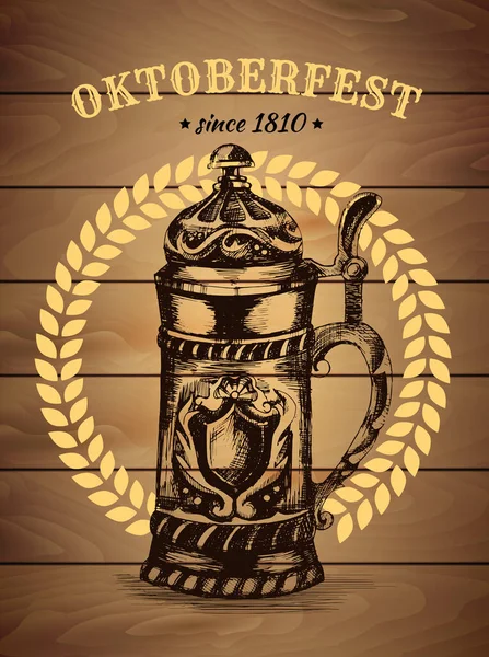Illustration dessinée à la main de tasse de bière. Tasse à bière bavaroise traditionnelle Oktoberfest affiche vintage avec fond sombre en bois. Oktoberfest célébration design — Image vectorielle