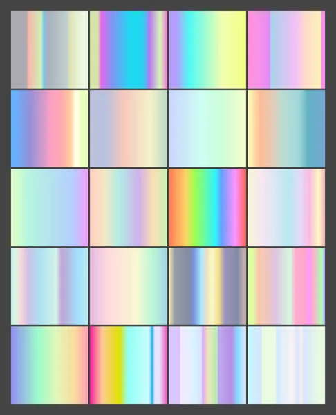 Ensemble de gradients linéaires holographiques vectoriels 20. Squeres avec dans le dégradé violet pâle, rose, jaune, vert et bleu arc-en-ciel. Arrière-plans holographiques réalistes en différentes couleurs pour la conception — Image vectorielle