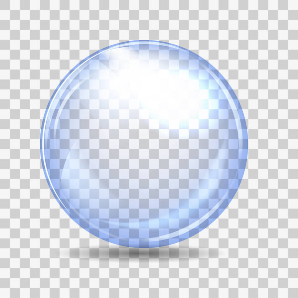 Cyan transparent glass sphere with glares and shadow. Vector illustration